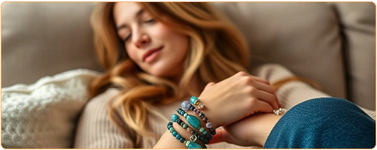 Une femme au style bohème assise dans son canapé cosy et portant un bracelet wrap en quatre tours en pierres turquoise améthyste et labradorite kaosix
