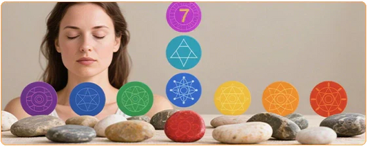 les 7 chakras avec leur couleur respective, quelques galets de pierre avec des couleurs correspondant aux chakras et un visage de femme en arrière plan kaosix