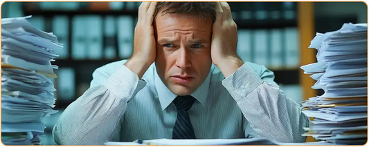 un homme au travail entouré de dossier et avec un air stressé