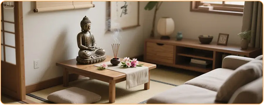 un petit coin zen dans le salon d'une petite maison, avec une petite table, une statuette de Bouddha sur la table avec de l'encens et des fleurs kaosix