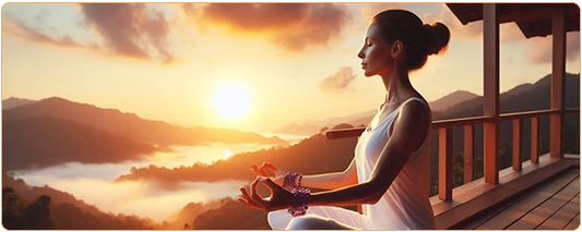 une femme méditant sur un balcon face à un coucher de soleil et portant un bracelet composé de perles d'améthyste à son poignet kaosix