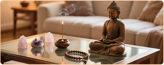 une table de salon sur laquelle est posée une statuette de Bouddha, un collier mala en bois, un porte-encens avec un bâton d'encens incandescent, et quelques cristaux d'améthyste et quartz rose kaosix