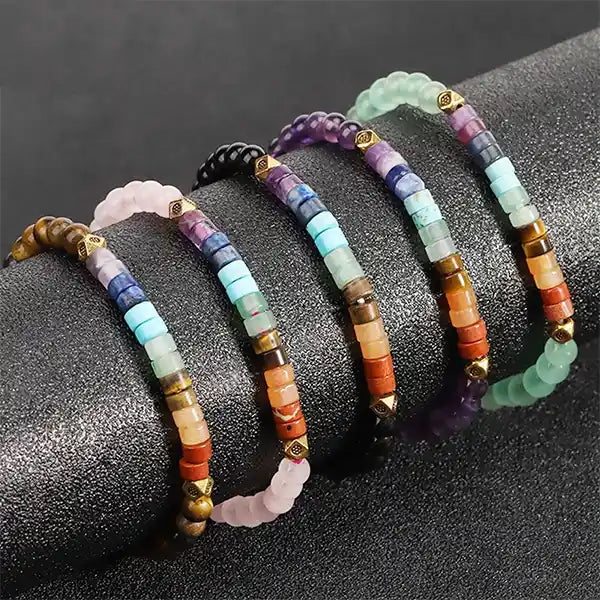 Bracelet 7 chakras perles rondes et cylindriques - 5 pierres socle cylindrique kaosix