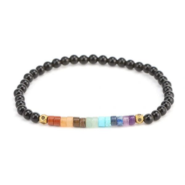 Bracelet 7 chakras perles rondes et cylindriques obsidienne kaosix