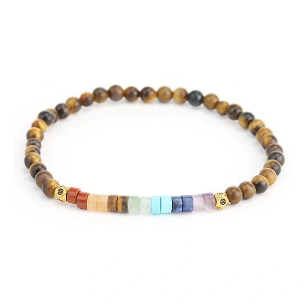 Bracelet 7 chakras perles rondes et cylindriques oeil de tigre kaosix