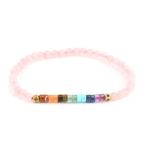 Bracelet 7 chakras perles rondes et cylindriques quartz rose kaosix