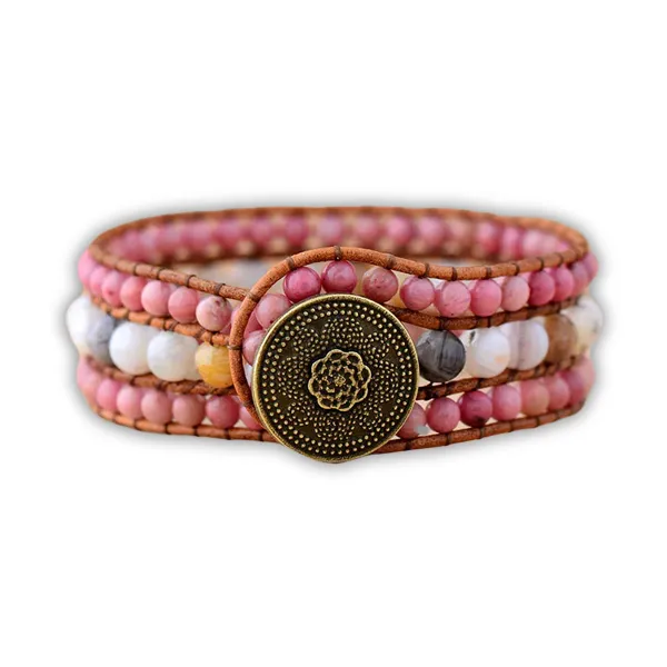 Bracelet Boho (Wrap) en Amazonite et Rhodonite sur fond blanc kaosix
