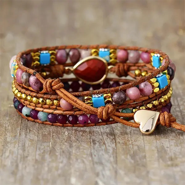 Bracelet Boho (Wrap) en Jaspe Rouge, Rhodonite, Turquoise & Grenat kaosix 2