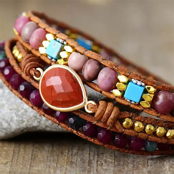 Bracelet Boho (Wrap) en Jaspe Rouge, Rhodonite, Turquoise & Grenat kaosix 3