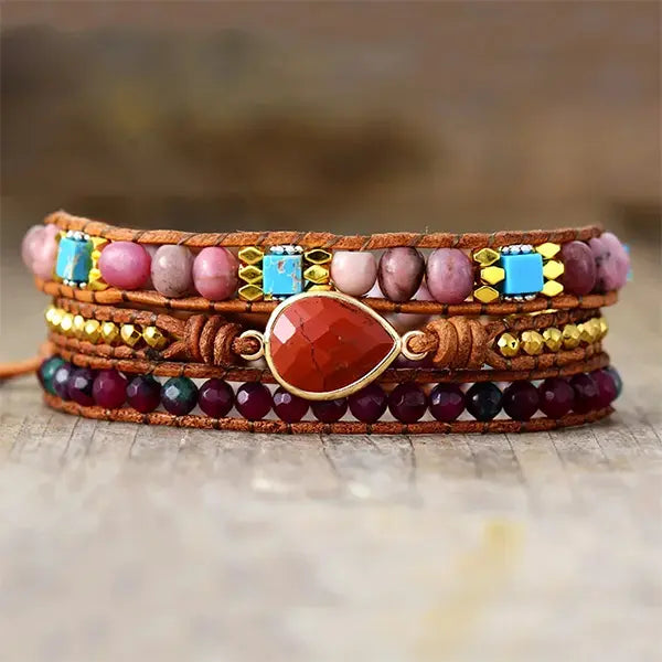 Bracelet Boho (Wrap) en Jaspe Rouge, Rhodonite, Turquoise & Grenat kaosix 4