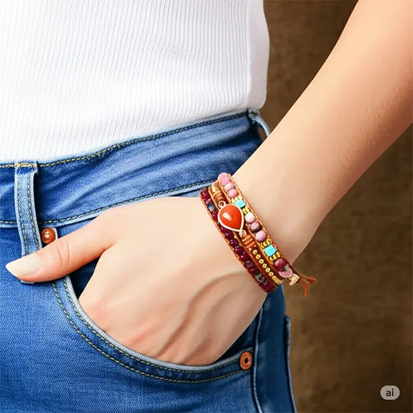 Bracelet Boho (Wrap) en Jaspe Rouge, Rhodonite, Turquoise & Grenat kaosix 5