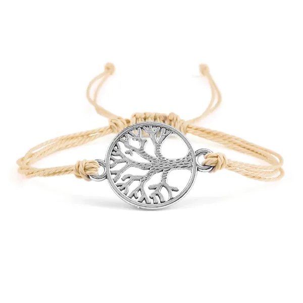 Bracelet Cordon Arbre de Vie Argenté Accessoire Porte-Bonheur beige fond blanc kaosix
