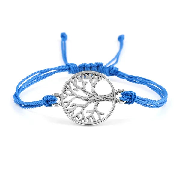 Bracelet Cordon Arbre de Vie Argenté Accessoire Porte-Bonheur bleu fond blanc kaosix