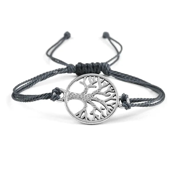 Bracelet Cordon Arbre de Vie Argenté Accessoire Porte-Bonheur gris fond blanc kaosix