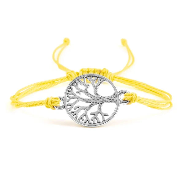 Bracelet Cordon Arbre de Vie Argenté Accessoire Porte-Bonheur jaune fond blanc kaosix
