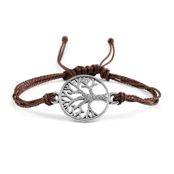 Bracelet Cordon Arbre de Vie Argenté Accessoire Porte-Bonheur marron fond blanc kaosix