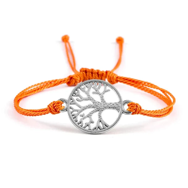 Bracelet Cordon Arbre de Vie Argenté Accessoire Porte-Bonheur orange fond blanc kaosix