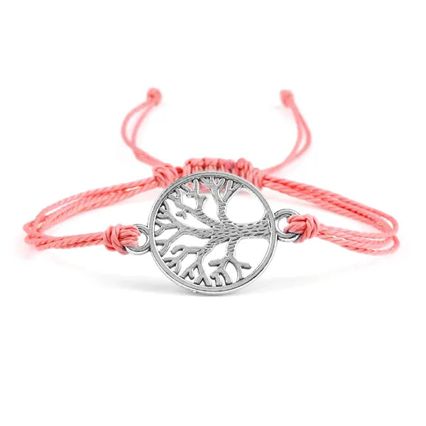 Bracelet Cordon Arbre de Vie Argenté Accessoire Porte-Bonheur rose fond blanc kaosix
