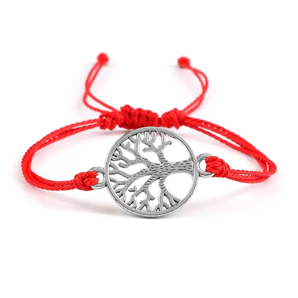 Bracelet Cordon Arbre de Vie Argenté Accessoire Porte-Bonheur rouge fond blanc kaosix