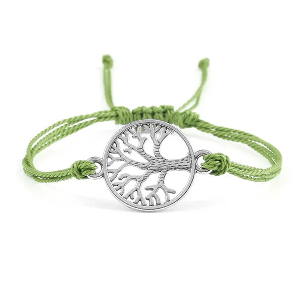 Bracelet Cordon Arbre de Vie Argenté Accessoire Porte-Bonheur vert fond blanc kaosix