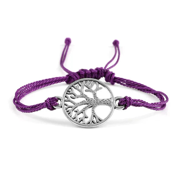 Bracelet Cordon Arbre de Vie Argenté Accessoire Porte-Bonheur violet fond blanc kaosix