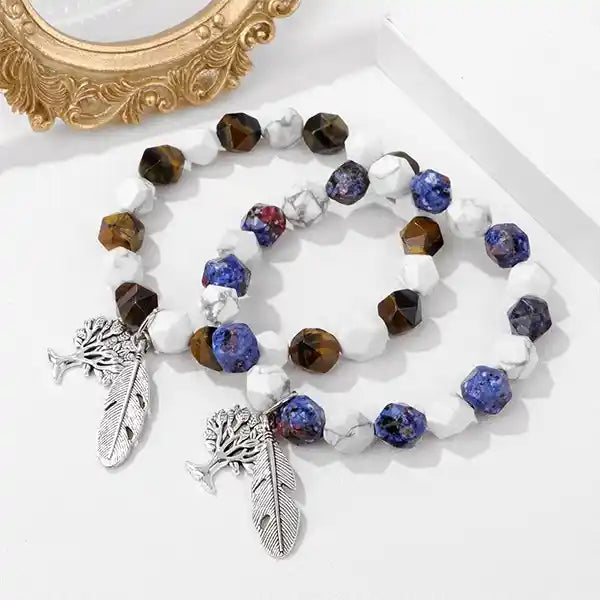 Bracelet Homme Perles Facettées Arbre de Vie Plume œil de tigre et Larvikite kaosix