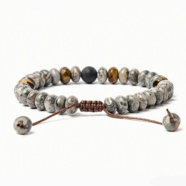 Bracelet Tibétain Jaspe Gris et Œil de Tigre sur fond blanc vue de derrière kaosix