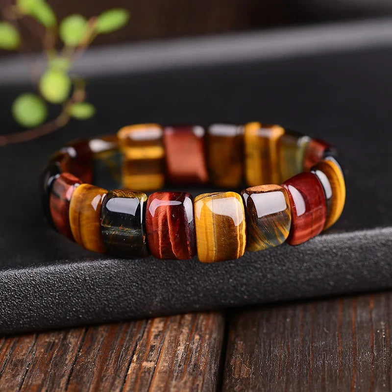 Bracelet pierres plates (plaquettes) 3 Œils de Tigre, Taureau & Faucon kaosix 2