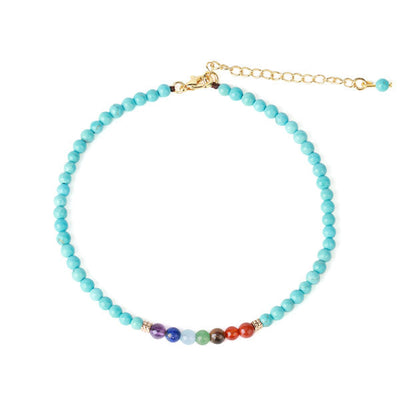 Bracelet de cheville 7 chakras et turquoise sur fond blanc avec cadre orange Kaosix