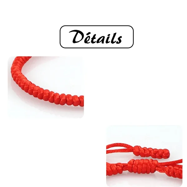Bracelet tibétain porte-bonheur couleur rouge détails sur le noeud coulissant et le macramé Kaosix