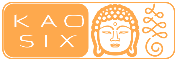 Logo Kaosix représentant une tête de Bouddha orange avec un unalome orange et le mot Kaosix en orange