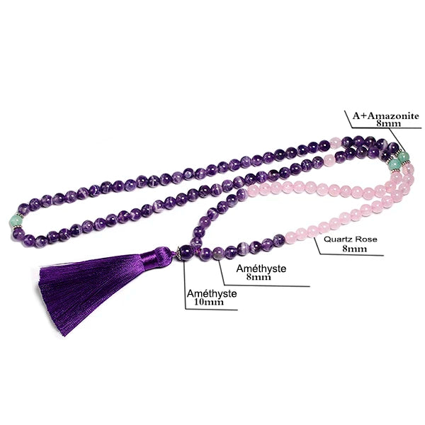 Mala 108 perles Améthyste Quartz Rose avec Pompon (boule 8 mm) avec description écrite de la nature des perles et du diamètre des perles sur fond blanc Kaosix