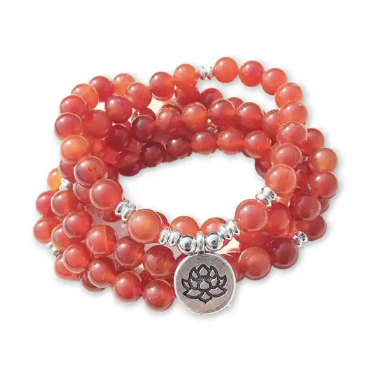 Mala 108 perles Cornaline Fleur de Lotus sur fond blanc kaosix