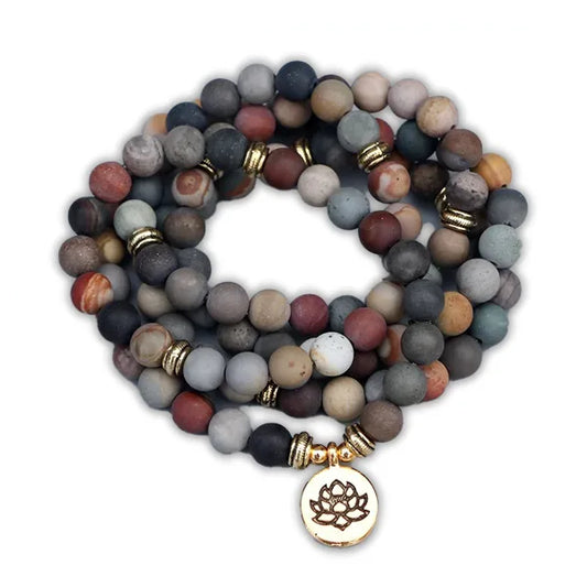 Mala 108 perles Jaspe Polychrome Mate Lotus sur fond blanc kaosix