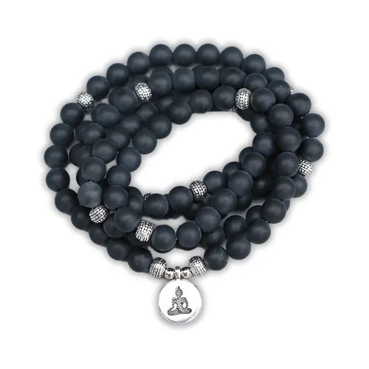 Mala 108 perles Onyx Noir Bouddha sur fond blanc kaosix