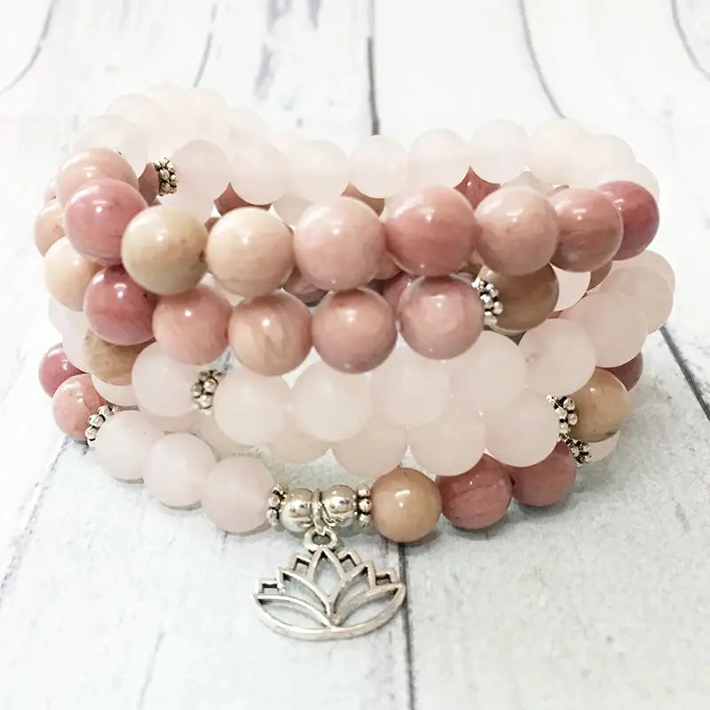 Mala 108 perles Quartz rose Rhodochrosite Lotus sur du bois blanc kaosix