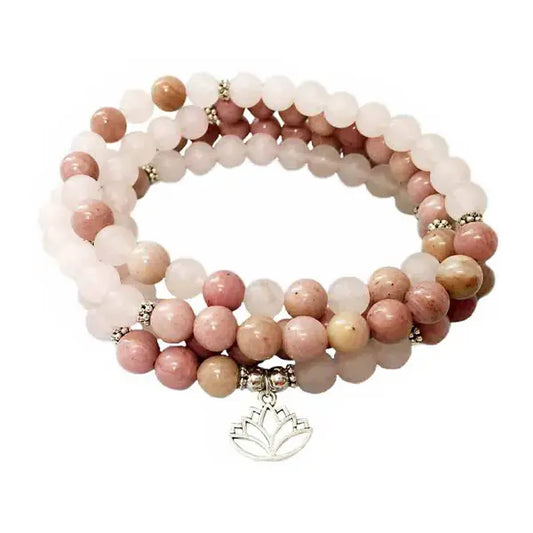Mala 108 perles Quartz rose Rhodochrosite Lotus sur fond blanc kaosix