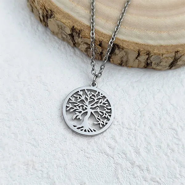 Pendentif Arbre de Vie en Acier Inoxydable Plaqué Argent Chaîne 45 cm kaosix