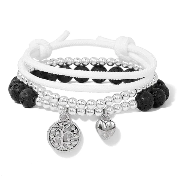 Set de 3 bracelets en pierre - Arbre de vie et cœur Lave variante kaosix