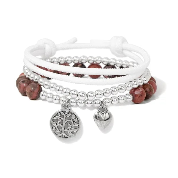 Set de 3 bracelets en pierre - Arbre de vie et cœur Rhodonite fond blanc kaosix