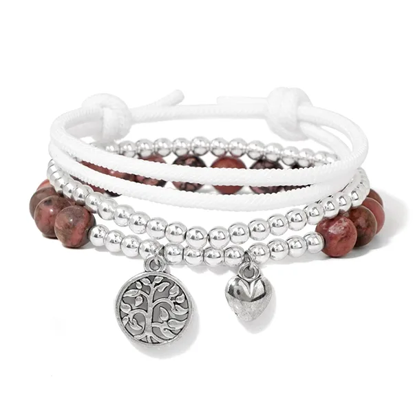 Set de 3 bracelets en pierre - Arbre de vie et cœur Rhodonite variante kaosix