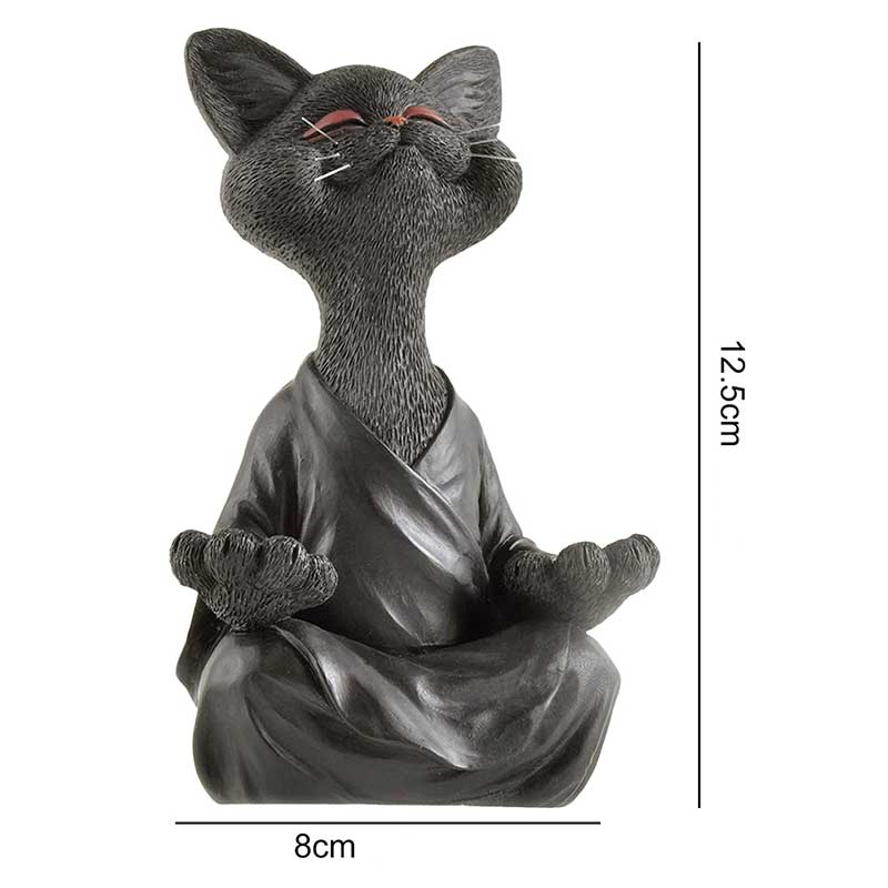 Statue Chat Bouddha Zen noire avec dimensions et sur fond blanc Kaosix