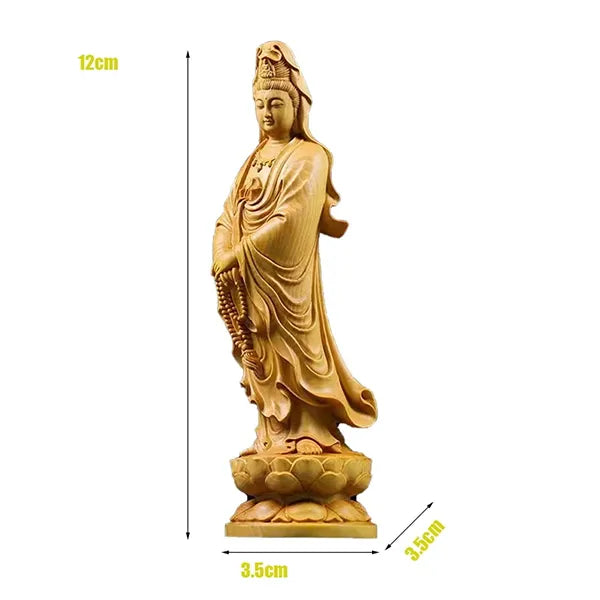 Statue Guanyin en bois de Cyprès Déesse de la Miséricorde sur fond blanc avec dimensions Kaosix