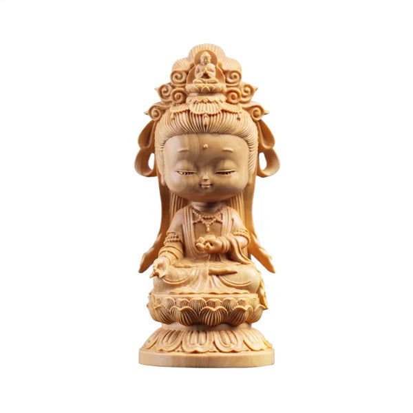 Statuette Guanyin en Bois - Déesse de la Compassion sur fond blanc kaosix