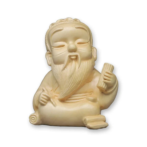 Statuette Lao Tseu en Bois Blanc Décoration Zen et Sagesse Taoïste sur fond blanc Kaosix