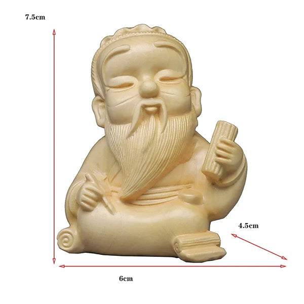 Statuette Lao Tseu en Bois Blanc Décoration Zen et Sagesse Taoïste sur fond blanc avec dimensions Kaosix