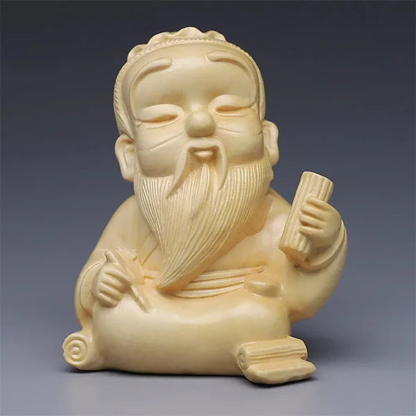 Statuette Lao Tseu en Bois Blanc Décoration Zen et Sagesse Taoïste sur fond gris Kaosix