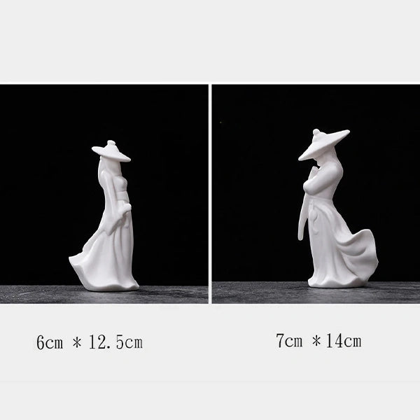 Statuettes Céramique Wuxia Couple Guerrier Chinois Homme et Femme face à face sur fond noir et gris avec dimensions kaosix