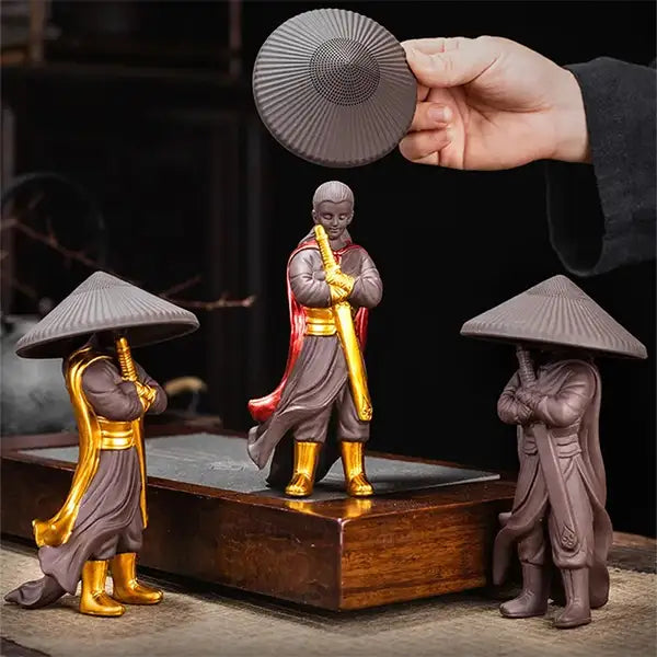 Trio de Statues Guerrier Chinois Wuxia en Céramique avec chapeau chinois amovible kaosix