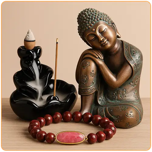 statue bouddha bracelet jaspe rouge fontaine d'encens kaosix